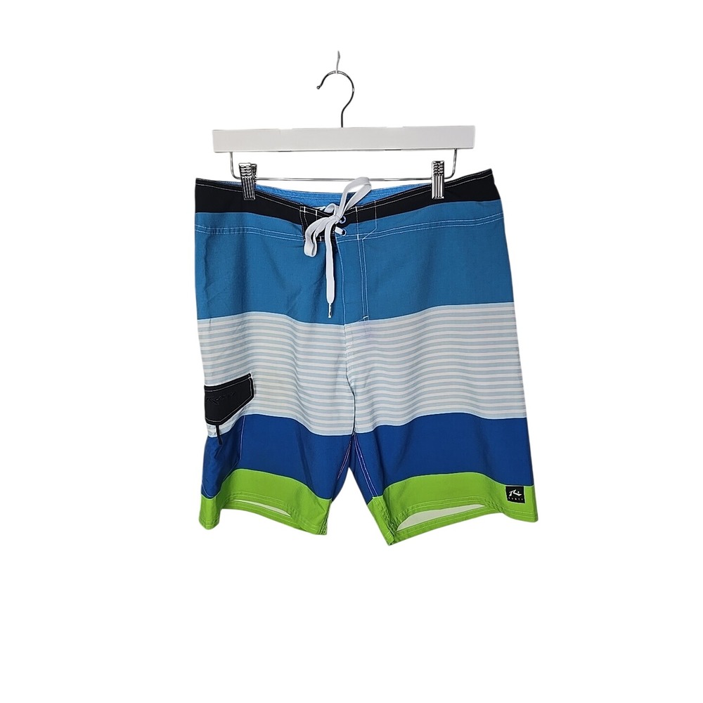 Rusty Mens Board Shorts Swim Trunks 33 Blue Green‎ Striped Surfer Beach Vacation